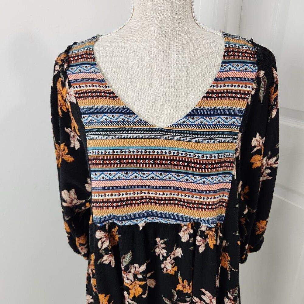 Umgee Dress Womens L Black Floral Gauzy Pockets Tunic Boho Aztec Southwestern - Picture 2 of 14